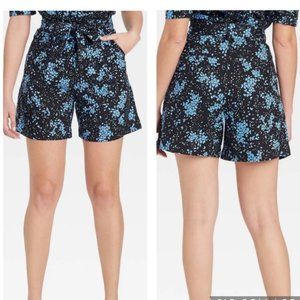 Who What Wear Paper Bag Linen Blend Shorts Floral Black Blue 14